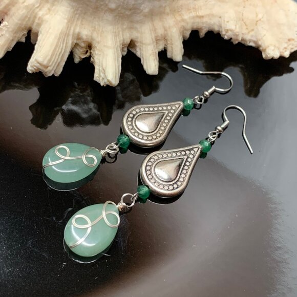 Green Aventurine Gemstone Beads Dangle Drop Handmade Pierced Earrings LR131 - Picture 4 of 4